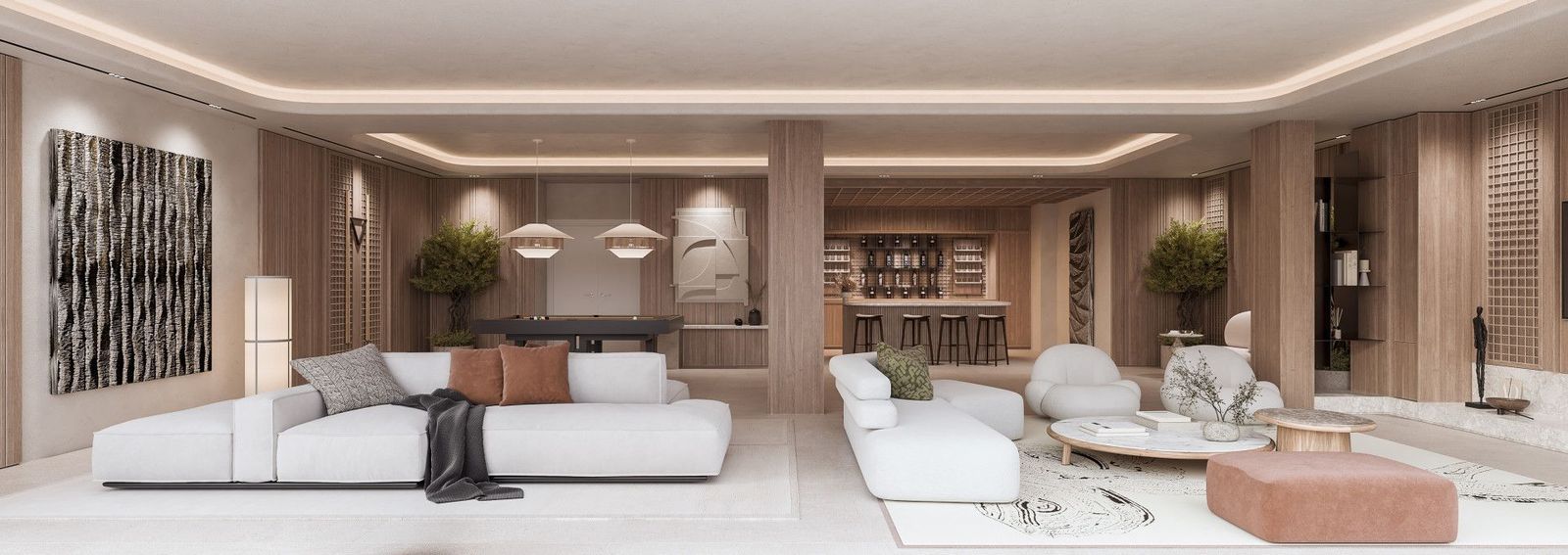 Luksus villa interiør med lounge, bar og billardbord